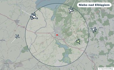 Mapa okolic miasta z sylwetkami samolotów — Niebo nad Elblągiem na żywo