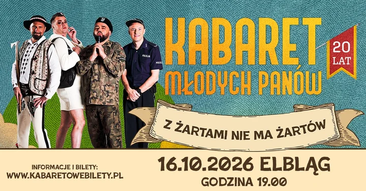 Obrazek przedstawia grafikę promocyjną wydarzenia Kabaret Młodych Panów świętuje 20-lecie w Elblągu