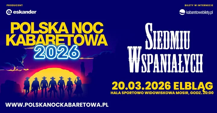 Obrazek przedstawia grafikę promocyjną wydarzenia Wieczór kabaretowy „Siedmiu wspaniałych” w Elblągu