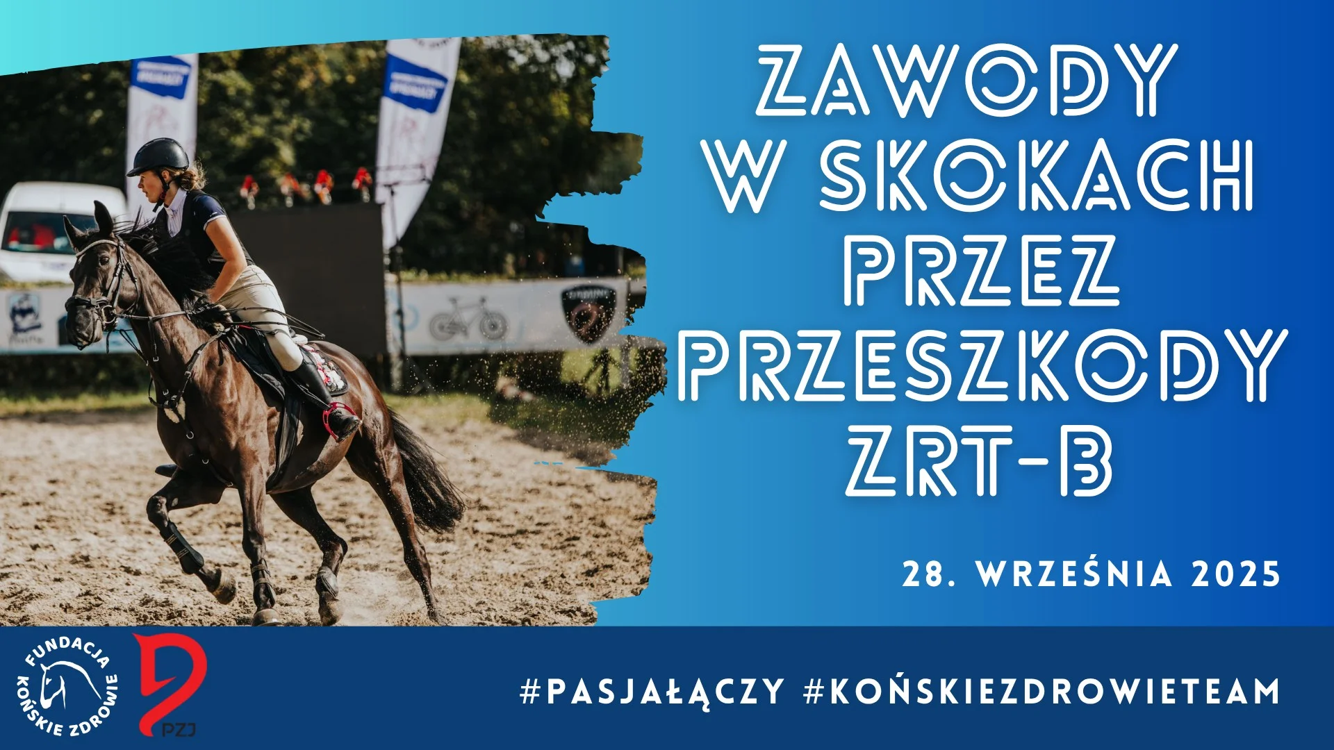 Obrazek przedstawia grafikę promocyjną wydarzenia Zawody w skokach przez przeszkody w Elblągu