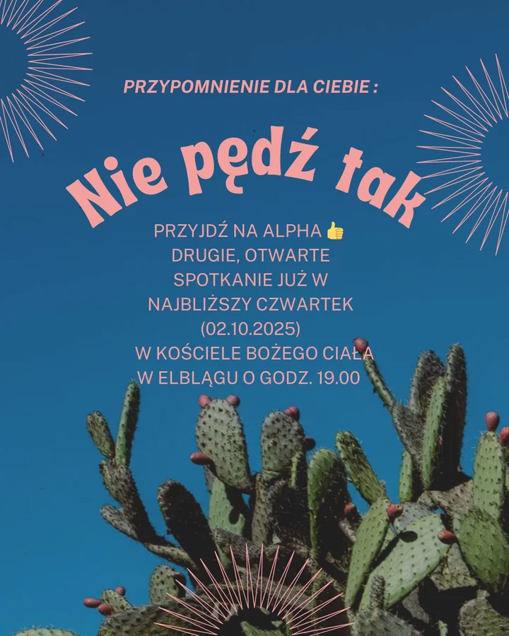 Obrazek przedstawia grafikę promocyjną wydarzenia Otwarte spotkanie Alpha w Elblągu — drugie spotkanie serii