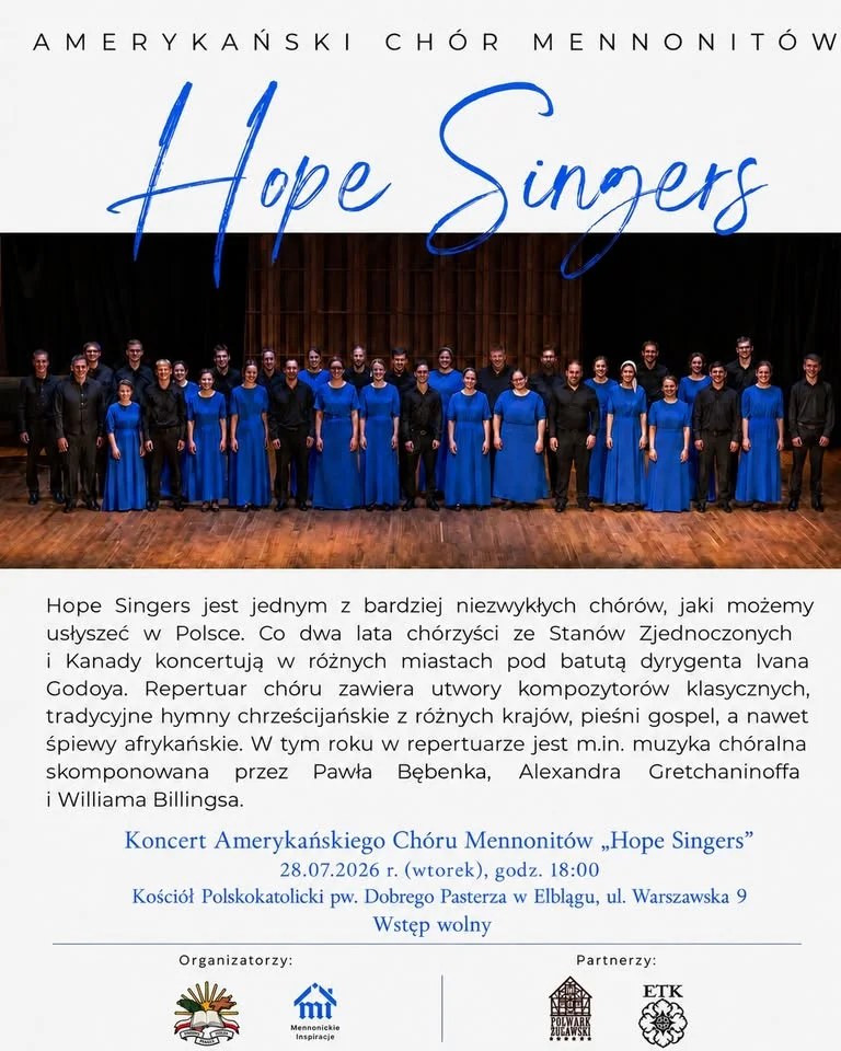 Grafika promocyjna wydarzenia Amerykański Chór Mennonitów „Hope Singers” w Elblągu