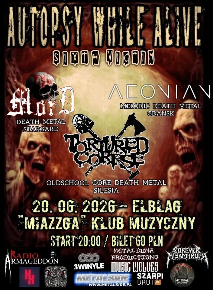 Grafika promocyjna wydarzenia AUTOPSY WHILE ALIVE (Sixth Victim) Elbląg — koncert w Mjazzga