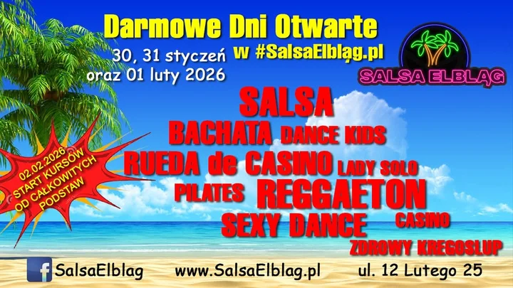 Grafika promocyjna wydarzenia Darmowe Dni Otwarte SalsaElbląg i start kursów od podstaw