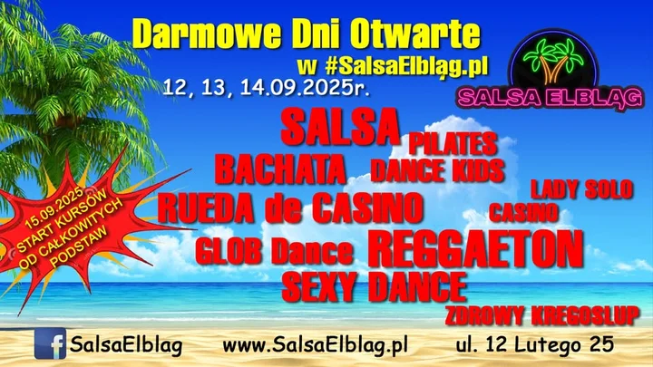 Obrazek przedstawia grafikę promocyjną wydarzenia Bezpłatne dni otwarte i start kursów tańca w Salsa Elbląg