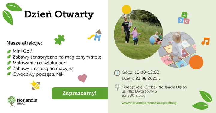 Obrazek przedstawia grafikę promocyjną wydarzenia Dzień otwarty w przedszkolu i żłobku Norlandia w Elblągu
