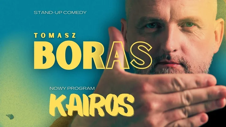 Obrazek przedstawia grafikę promocyjną wydarzenia Tomasz Boras w programie Kairos — stand-up w Elblągu