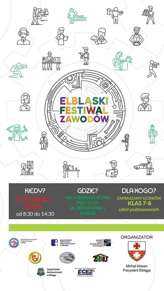 Grafika promocyjna wydarzenia ELBLĄSKI FESTIWAL ZAWODÓW — targi zawodowe i pokazy, 11 grudnia 2025