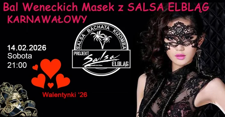 Grafika promocyjna wydarzenia Karnawałowy Bal Weneckich Masek z Salsa Elbląg — karnawał w rytmach latino
