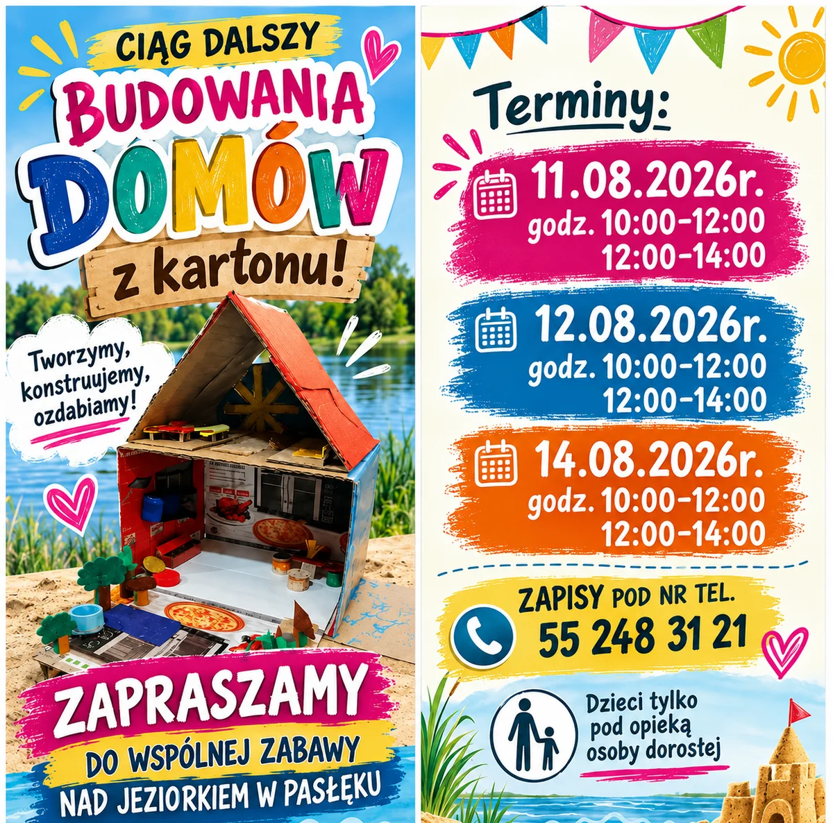 Grafika promocyjna wydarzenia Kartonowe domy rosną nad jeziorkiem! Zapraszamy na kolejne wakacyjne zajęcia