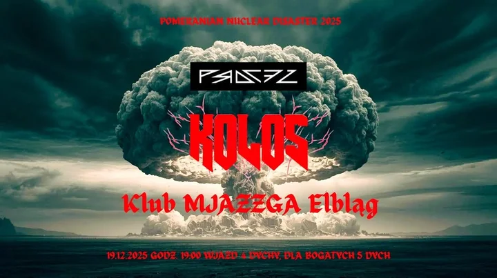 Grafika promocyjna wydarzenia KOLOS i PROCEZ w Mjazzga — thrash i sludge w Elblągu