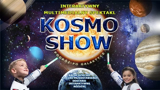 Obrazek przedstawia grafikę promocyjną wydarzenia Interaktywny spektakl edukacyjny dla dzieci o tematyce kosmicznej