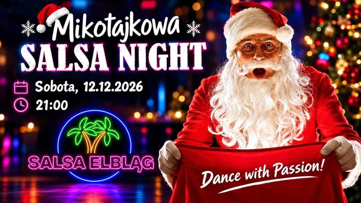 Grafika promocyjna wydarzenia Mikołajkowa Salsa Night w Elblągu