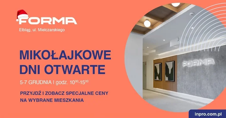 Grafika promocyjna wydarzenia Mikołajkowe Dni Otwarte osiedla FORMA w Elblągu