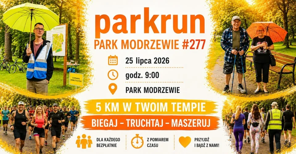 Grafika promocyjna wydarzenia parkrun Park Modrzewie #277 – sobotnie 5 km