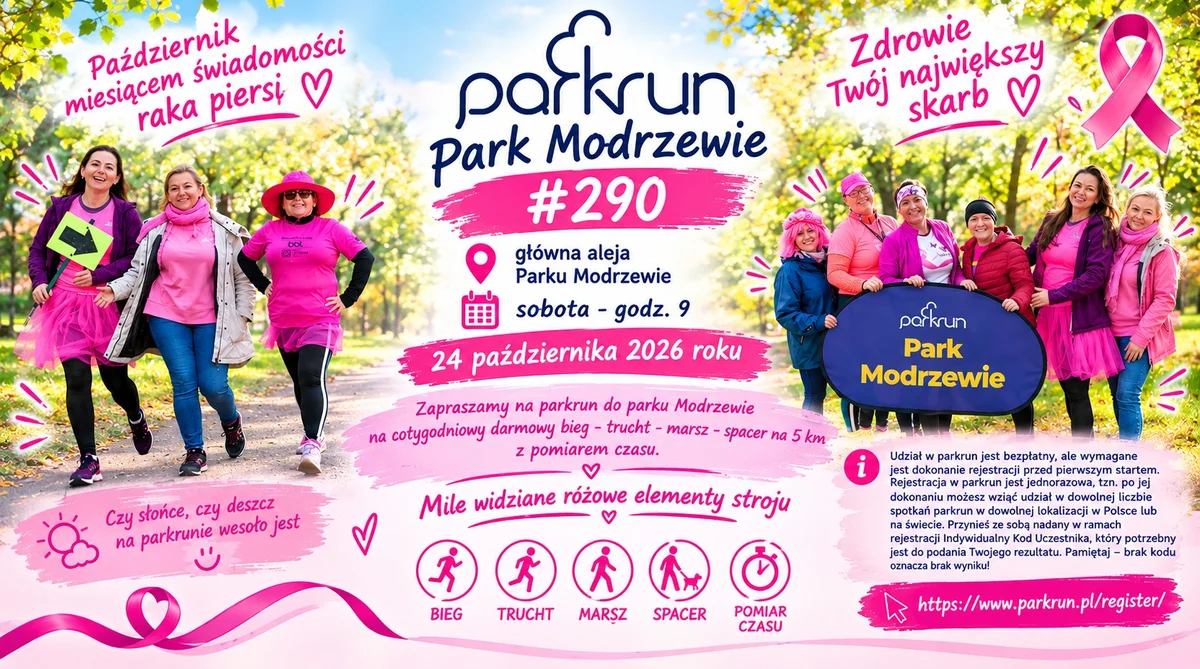 Grafika promocyjna wydarzenia parkrun Park Modrzewie #290 na różowo
