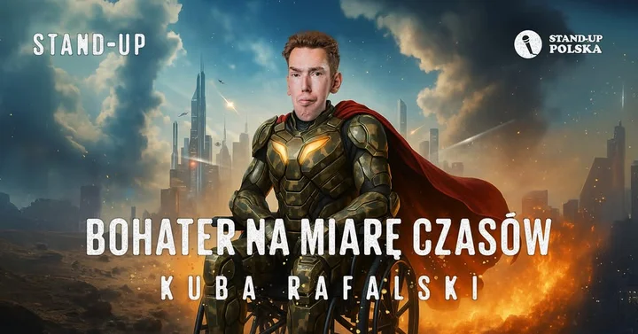 Grafika promocyjna wydarzenia Stand-up: Kuba Rafalski — Bohater na miarę czasów (Elbląg, 8 stycznia 2026)