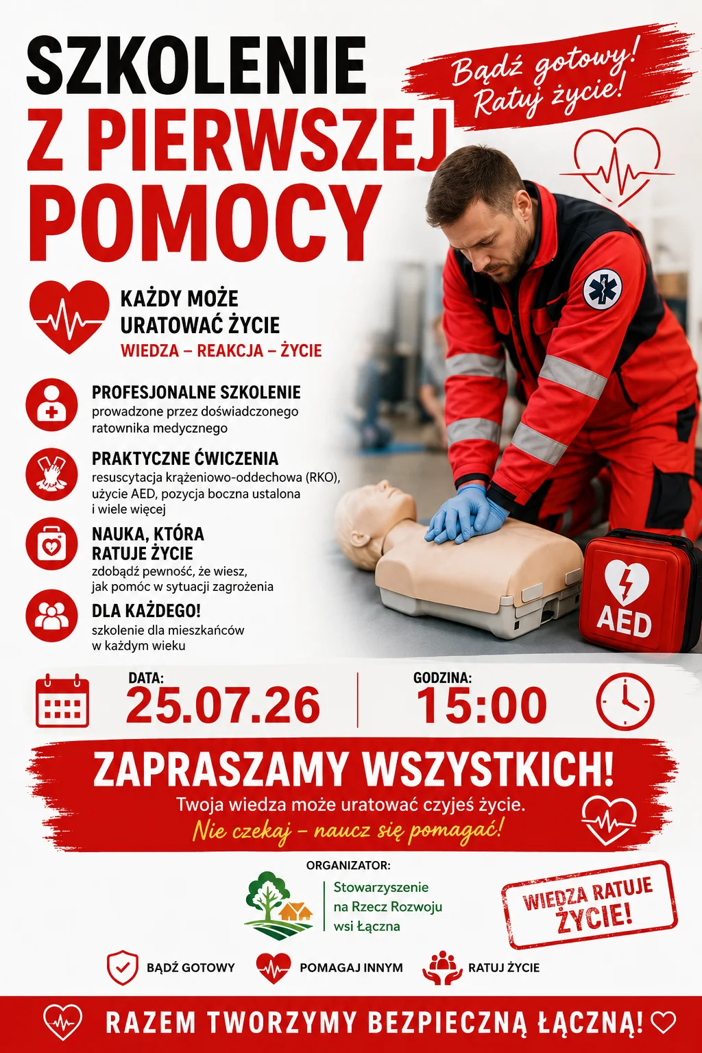 Grafika promocyjna wydarzenia Naucz się ratować życie. Szkolenie z pierwszej pomocy w Łącznej