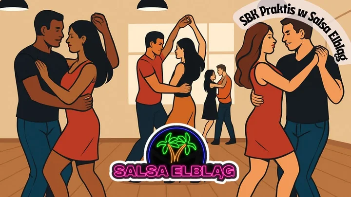 Grafika promocyjna wydarzenia Taneczny Praktis w Salsa Elbląg — piątkowy wieczór salsy, bachaty i kizomby