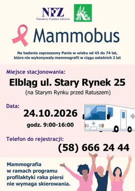 Grafika promocyjna wydarzenia Bezpłatne badania mammograficzne w Elblągu