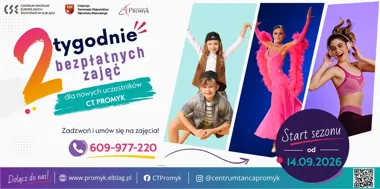 Grafika promocyjna wydarzenia Darmowy wrzesień w Promyku! Bezpłatne zajęcia