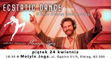 Grafika promocyjna wydarzenia Ecstatic Dance Elbląg z Maurice’em Speesem – wieczór tańca, głosu i muzyki świata