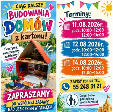 Grafika promocyjna wydarzenia Kartonowe domy rosną nad jeziorkiem! Zapraszamy na kolejne wakacyjne zajęcia