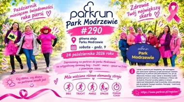 Grafika promocyjna wydarzenia parkrun Park Modrzewie #290 na różowo