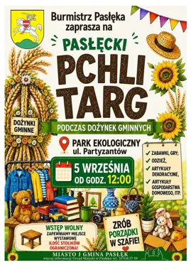 Grafika promocyjna wydarzenia Pasłęcki Pchli Targ podczas Dożynek Gminnych