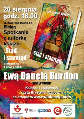 Grafika promocyjna wydarzenia Spotkanie autorskie z Ewą Danelą Burdon w Elblągu, autorką książki pt. „Stąd i stamtąd”