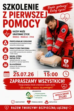 Grafika promocyjna wydarzenia Naucz się ratować życie. Szkolenie z pierwszej pomocy w Łącznej