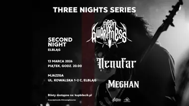 Grafika promocyjna wydarzenia TNS | Aeon of Awareness • Nenufar • Meghan — trzy oblicza ciężkiej muzyki w Elblągu