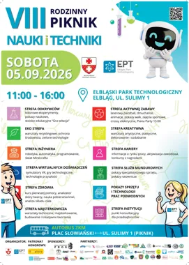 Grafika promocyjna wydarzenia VIII Rodzinny Piknik Nauki i Techniki