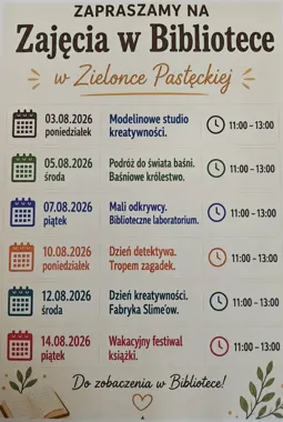 Grafika promocyjna wydarzenia Wakacyjne zajęcia w Bibliotece w Zielonce Pasłęckiej