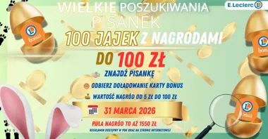 Grafika promocyjna wydarzenia Wielkie Poszukiwania Pisanek w E.Leclerc Elbląg