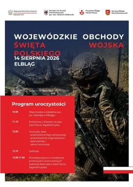 Grafika promocyjna wydarzenia Wojewódzkie Obchody Święta Wojska Polskiego w Elblągu