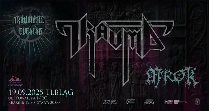 Obrazek przedstawia grafikę promocyjną wydarzenia Koncert TRAUMA i MROK w klubie Mjazzga w Elblągu