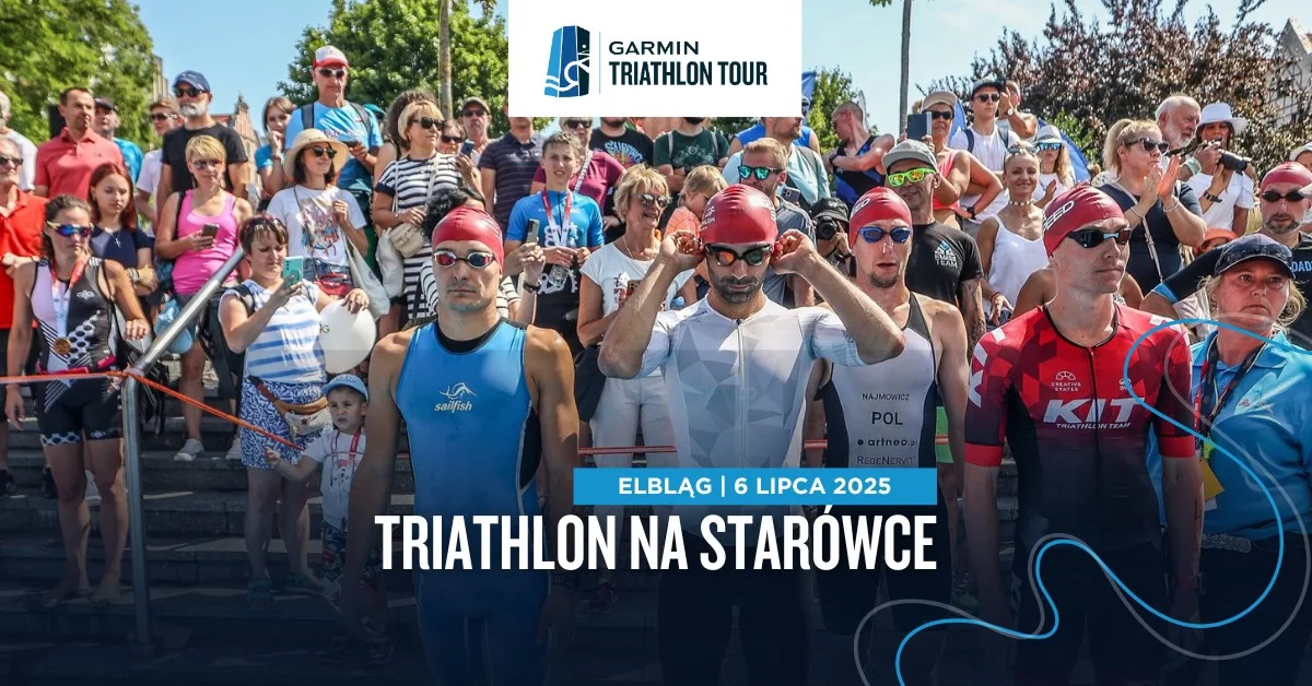Grafika promocyjna wydarzenia Triathlonowe zawody sportowe w Elblągu w lipcu 2025