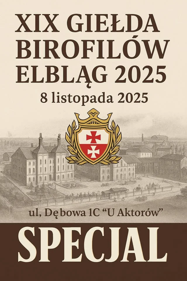 Grafika promocyjna wydarzenia XIX Giełda Birofilów Elbląg 2025 — spotkanie kolekcjonerów