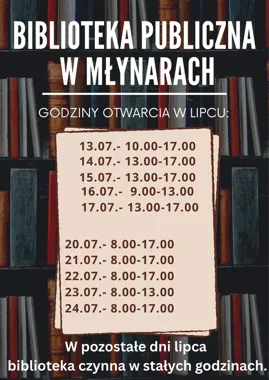 Biblioteka w Młynarach zmienia lipcowe godziny pracy. Książki pozostają dostępne