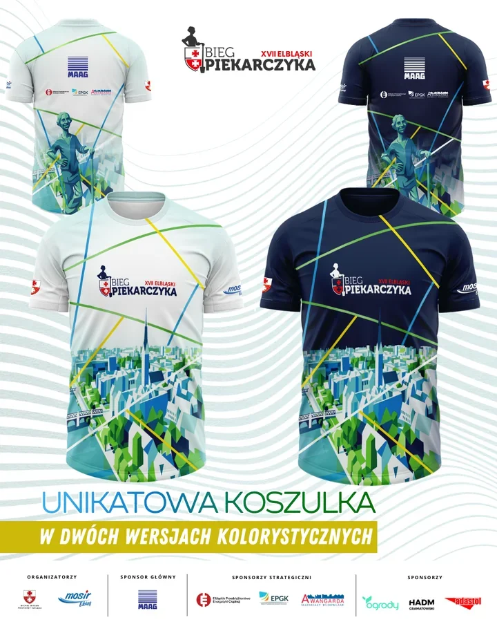 Nowe koszulki na XVII Bieg Piekarczyka – granat i biel z panoramą Elbląga