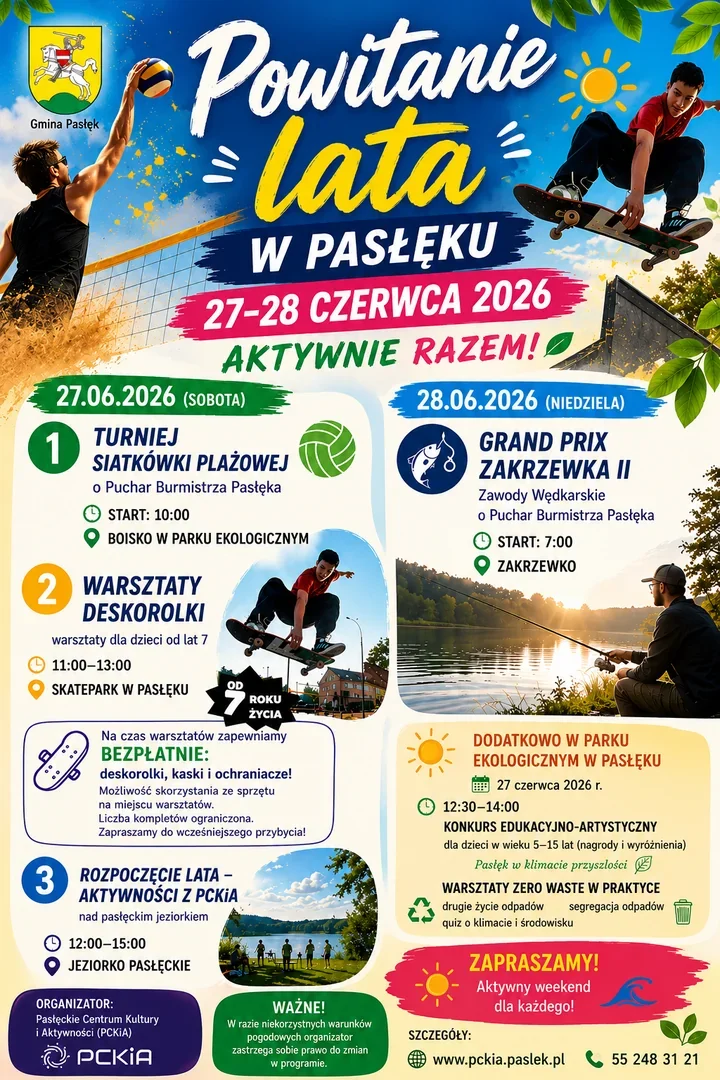 Pasłęk wchodzi w wakacje na sportowo. Weekend z plażówką, deskorolką i wędkarzami