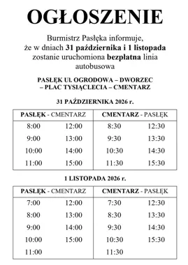 Darmowe autobusy na cmentarz w Pasłęku. Rozkład na dwa dni