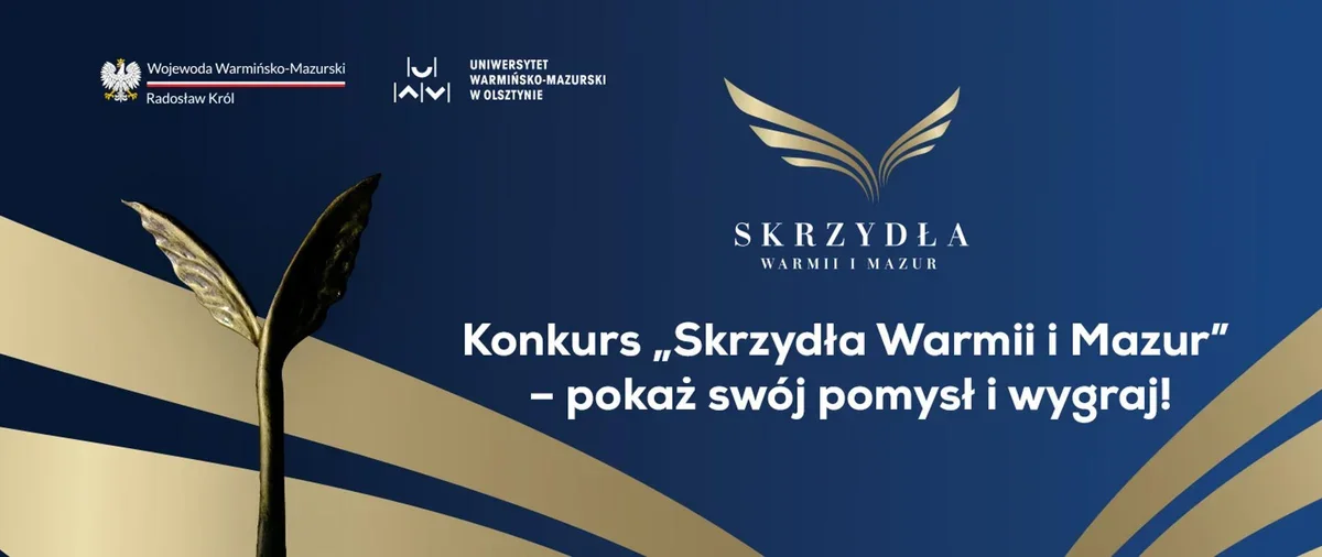 Grafika promująca konkurs „Skrzydła Warmii i Mazur” organizowany przez wojewodę warmińsko-mazurskiego i Uniwersytet Warmińsko-Mazurski w Olsztynie.