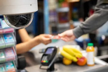Kamera monitoringu nad kasą sklepową, gdzie klient płaci kartą za zakupy, w tym owoce i sok.